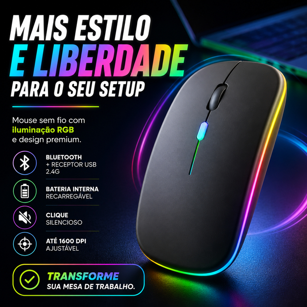 Mouse Sem Fio Bluetooth Recarregável RGB 1600 DPI Silencioso para PC Notebook com USB