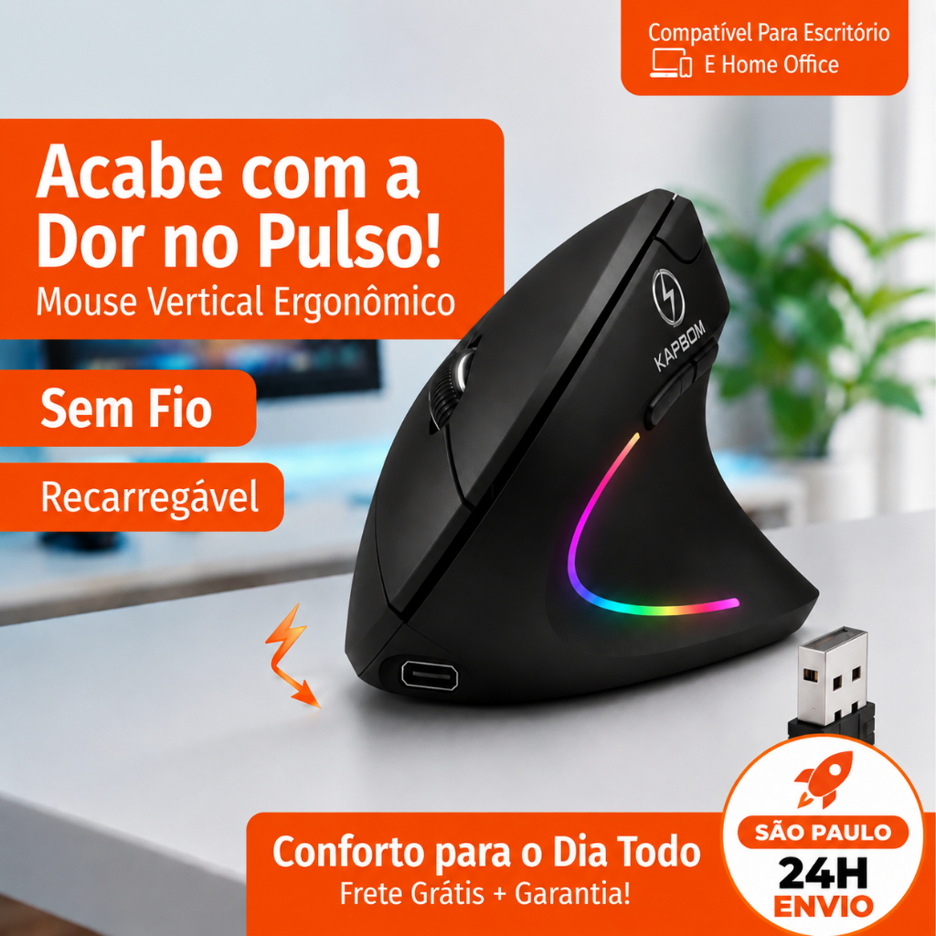 Mouse Vertical Ergonômico Sem Fio Recarregável Bluetooth 2.4G RGB LED 1600 DPI Silencioso USB para Notebook PC