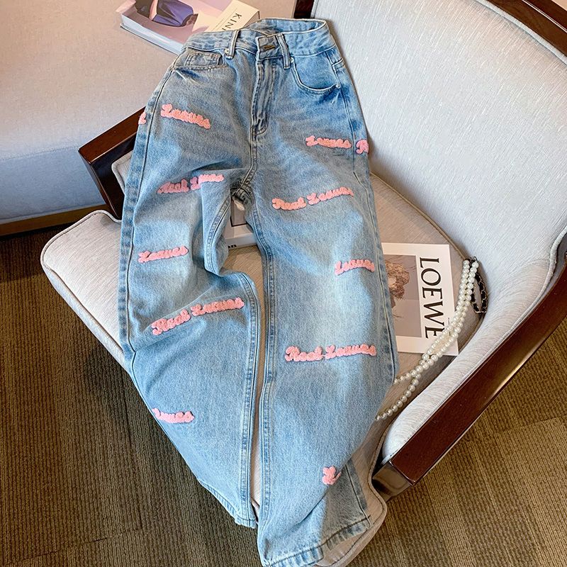 Novo Design Sense Carta Bordada Jeans De Perna Reta Cintura Alta Versátil Calça Larga