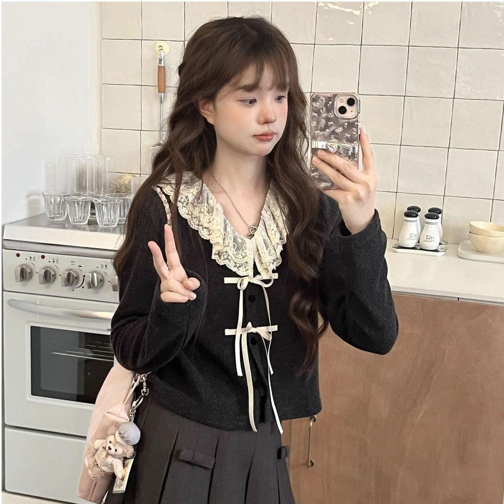 [Produtos de compra] Design Sense Coreano Doce Menina Renda Costura Suéter de Manga Comprida Feminino Outono Inverno Nov
