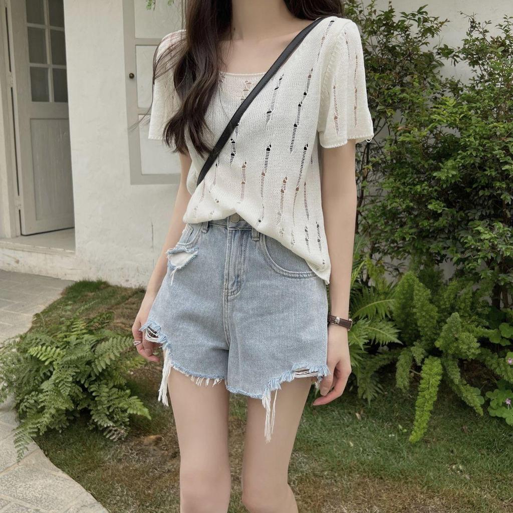 [Venda por tempo limitado] Design Sense Malhas femininas verão solto estilo fino roupa externa chique Top de manga curta