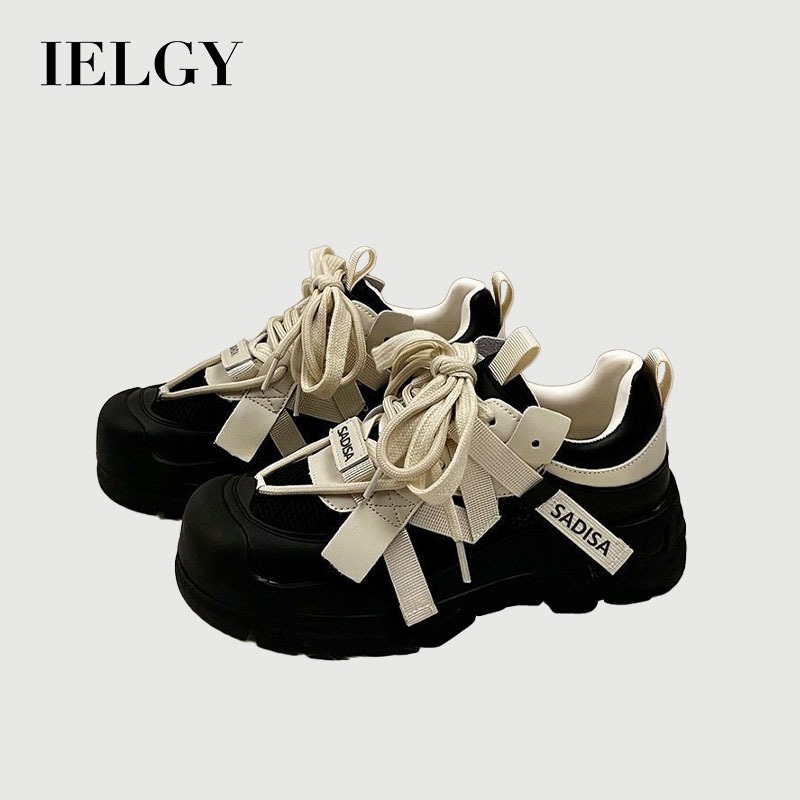 IELGY Tênis Preto Nicho Design Sense 2026 Novos Sapatos De Pai De Sola Grossa Respiráveis E Aumentados Para Mulheres