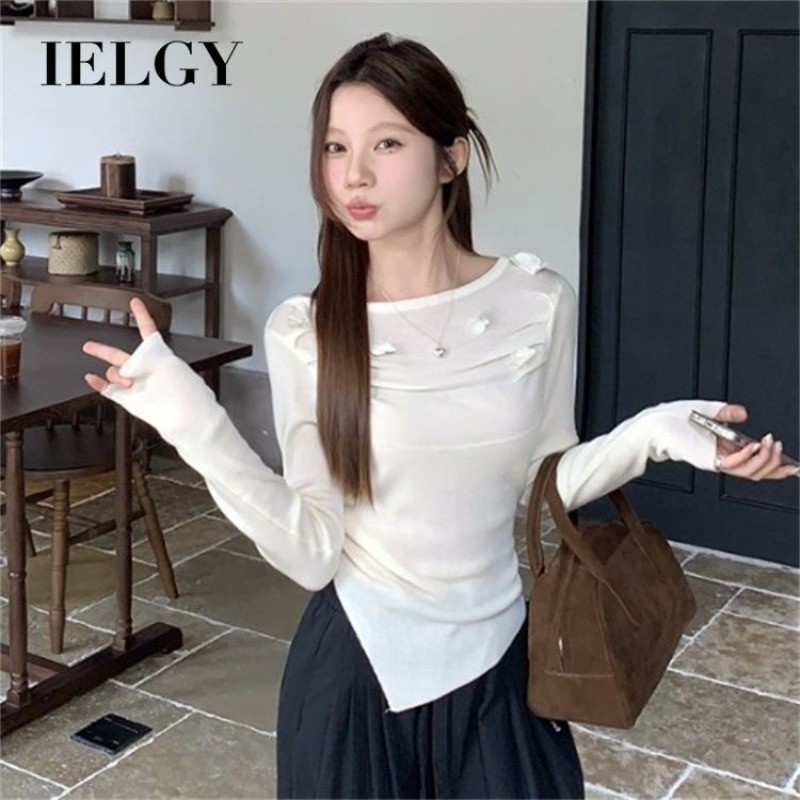 IELGY Design Sense Tridimensional Flor Plissada Camiseta de Manga Comprida Feminina Primavera Outono Irregular Slim-Fit