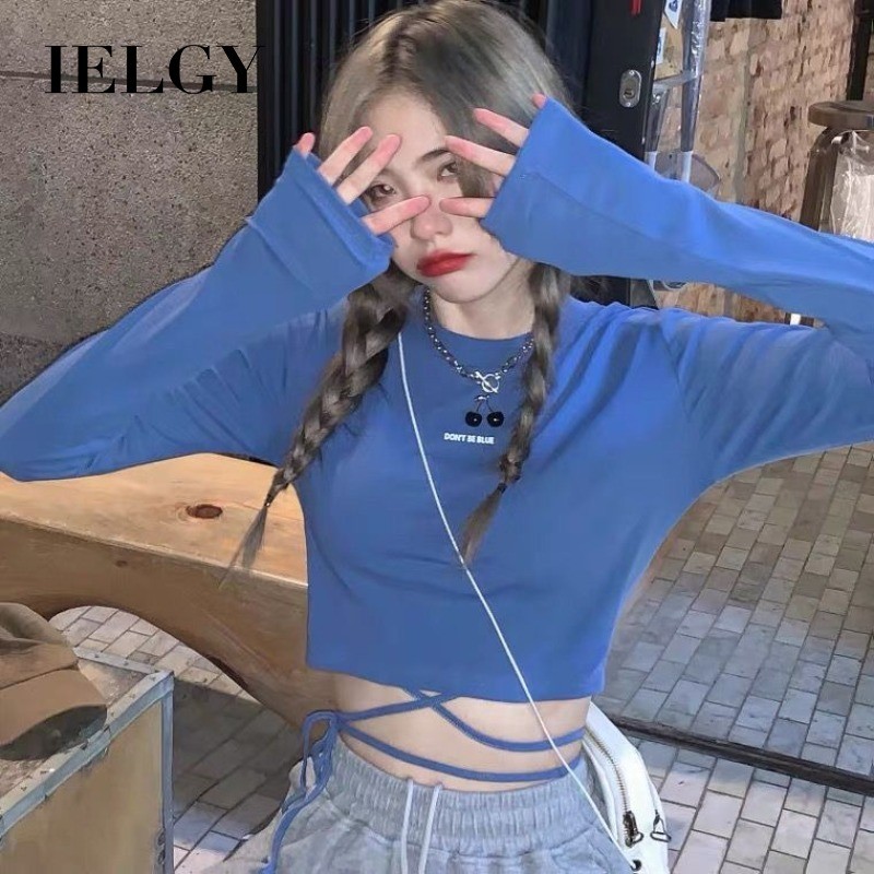 IELGY Outono Azul Design Sense Laced-Up Camiseta de manga comprida feminina Slim-Fit Top curto