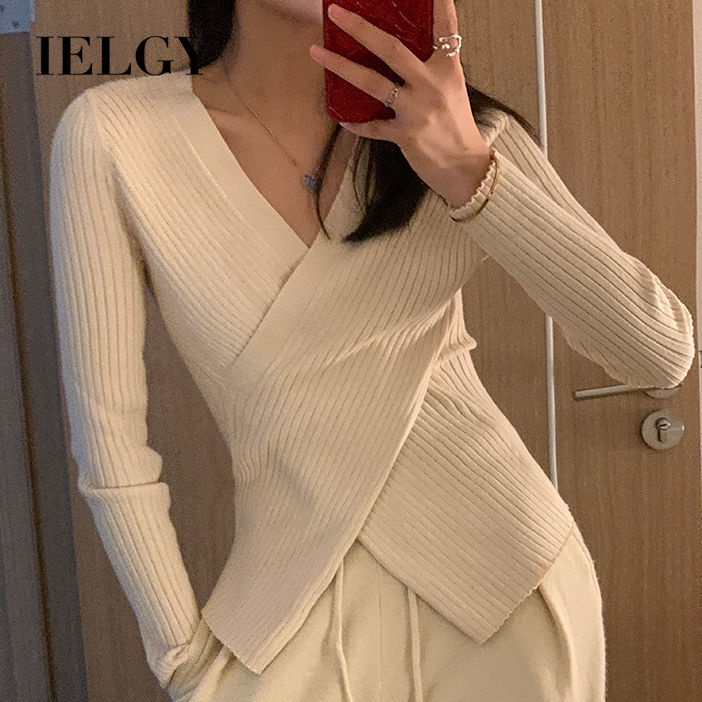 IELGY Design Sense Cross Com Decote Em V Camisa Base De Malha Feminina Outono E Inverno Interior Suéter Curto Slim fit