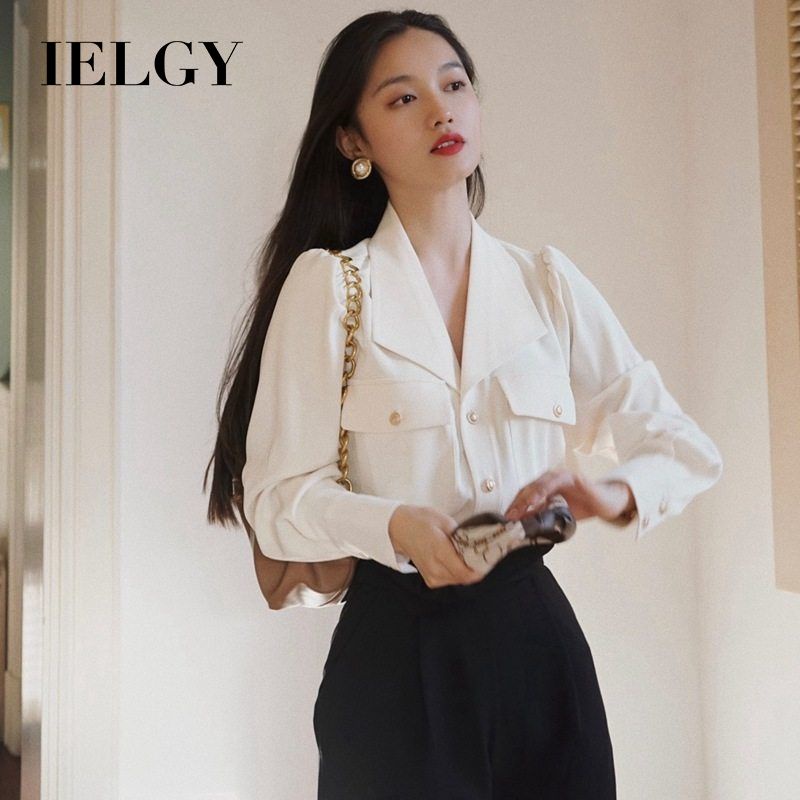 IELGY Outono Novo Estilo Hong Kong Manga Longa Camisa Fina Branca Feminina Design Chique Sense Nicho Com Decote Em V Top