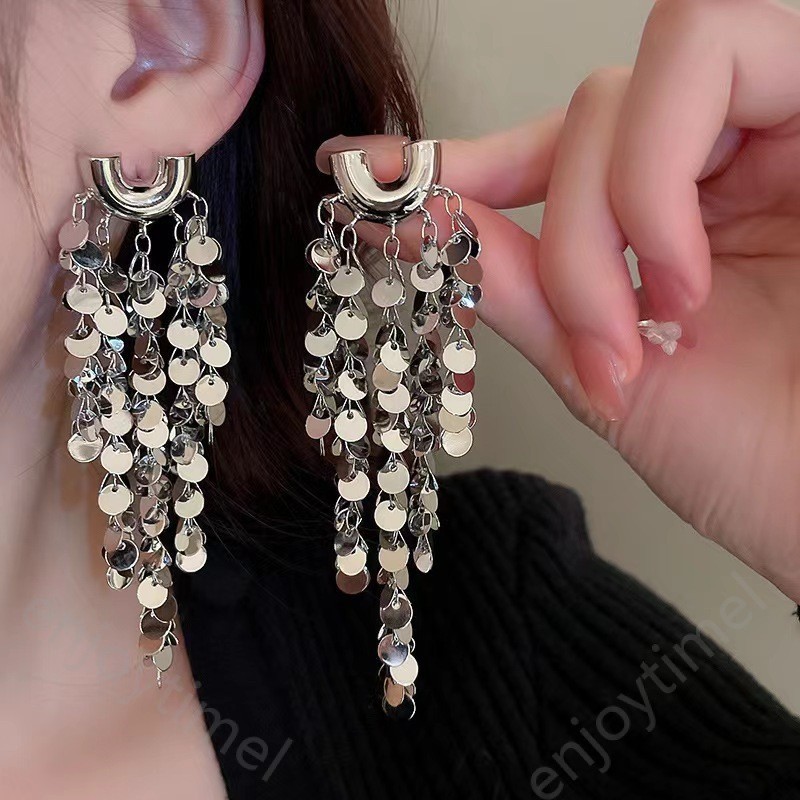 Luz Luxo High Sense Exagerado Metal Lantejoula Franja Brincos Design Feminino Moda Temperamento Brincos De Noiva De Noiva