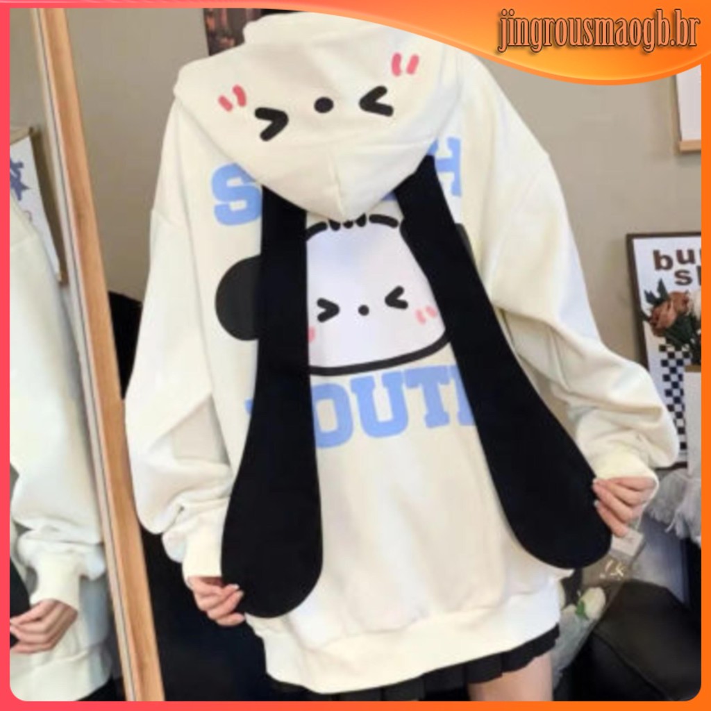 Sanrio Design Sense Cute Pochacco Slouchy Loose Student Orelhas Longas Com Capuz Casaco De Camisola Feminino [RAIN]