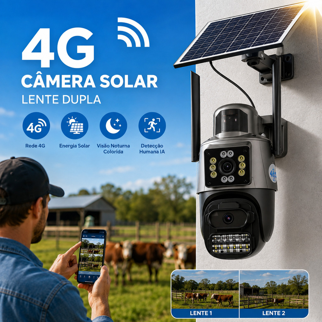 Câmera 4G Solar Dual Lens 4MP AOV PTZ Visão Noturna IA Monitoramento Externo