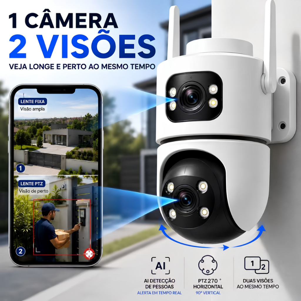 Câmera de Segurança WiFi Dual Lens Externa 6MP PTZ Rastreamento Inteligente Luz Dupla Visão Noturna