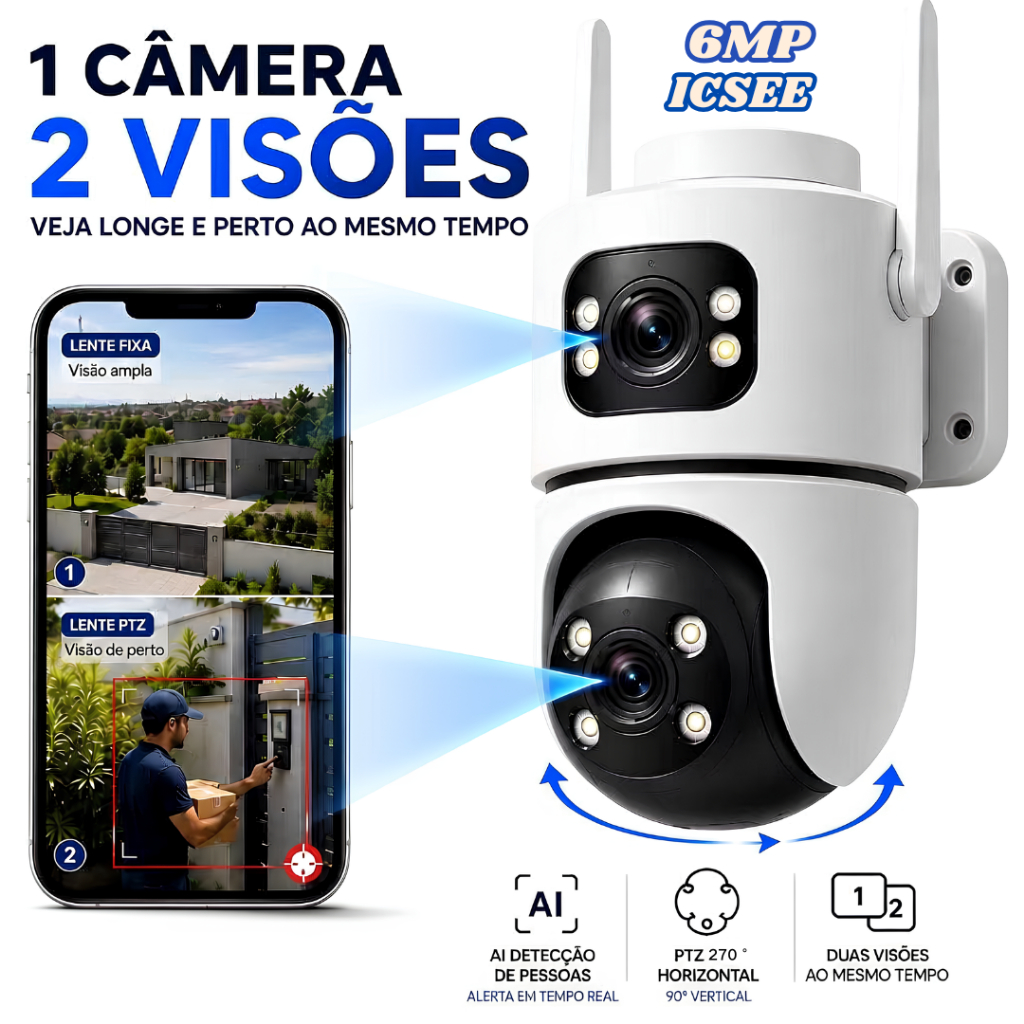 Câmera de Segurança WiFi Dual Lens Externa 6MP PTZ Rastreamento Inteligente Luz Dupla Visão Noturna