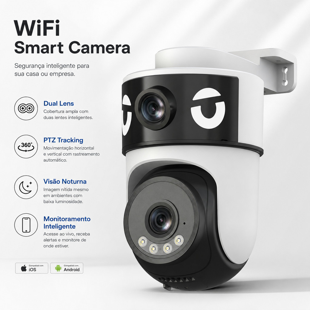 Câmera de Segurança WiFi Inteligente PTZ Full HD 1080P Dual Lens Rotação 360° Visão Noturna Monitoramento via Celular