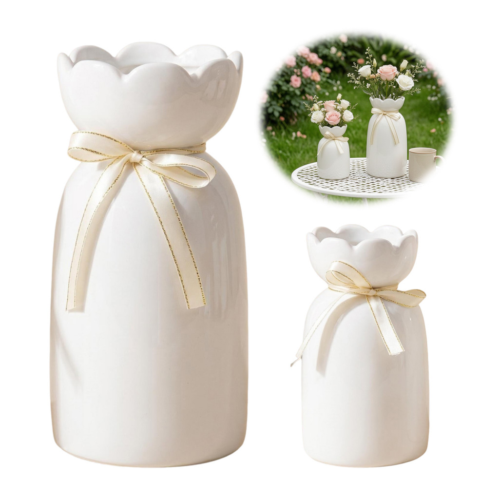 Minimalist White Ceramic Vase with Wavy Rim – Modern Nordic Style Flower Pot for Room Bookshelf Home Decor Floral Arra
