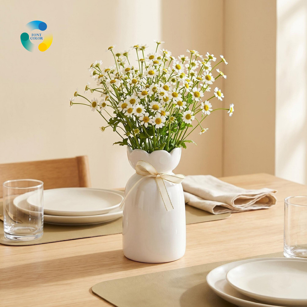 Artistic Vase for Office Desk Ceramic for Flowers Minimalist White with Wavy Rim – Modern Nordic Style Flower Pot for