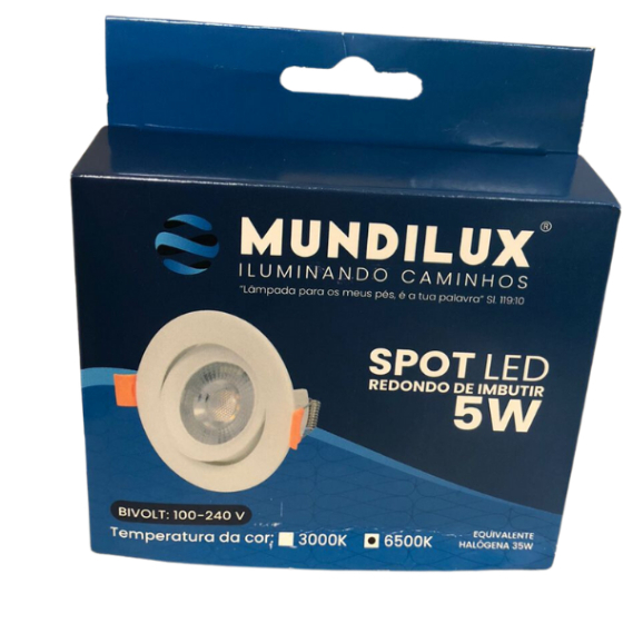 Kit c/5 Spot Led Redondo Embutir 5W 3000k (Branco Quente) Mundilux
