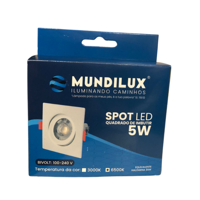 Kit c/5 Spot Led Embutir quadrado 5W Bivolt 3000k(Branco Quente) Mundilux