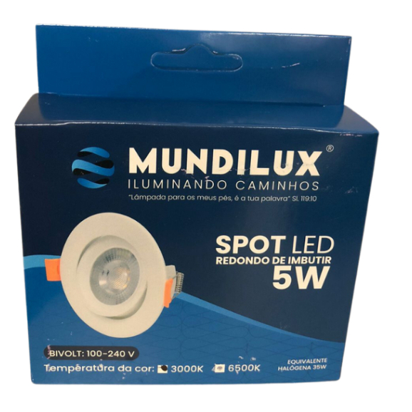 Kit c/5 Spot Led Redondo Embutir 5W 6500k Branco Frio Mundilux
