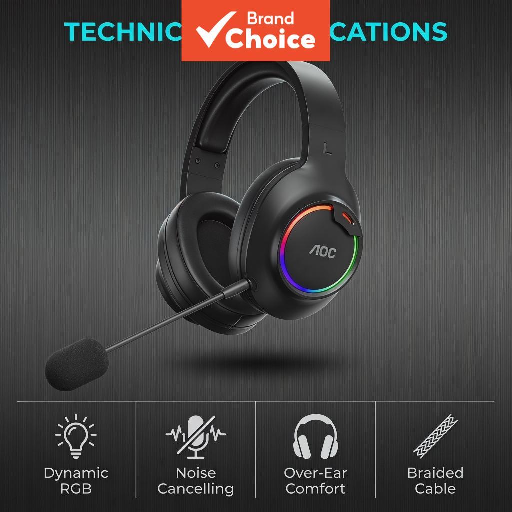 AOC RGB Fones De Ouvido Com Cancelamento De Ruído Microfone Proteína Couro Earcup Faixa De Cabeça De Metal Reforçada Tát