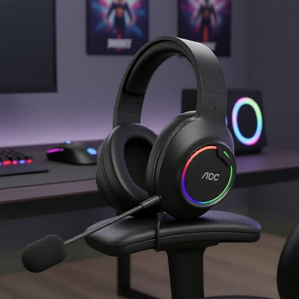 AOC RGB Headset com Microfone, Cancelamento de Ruído, Earpads em Couro Proteico, Faixa de Cabeça Reforçada em Metal,