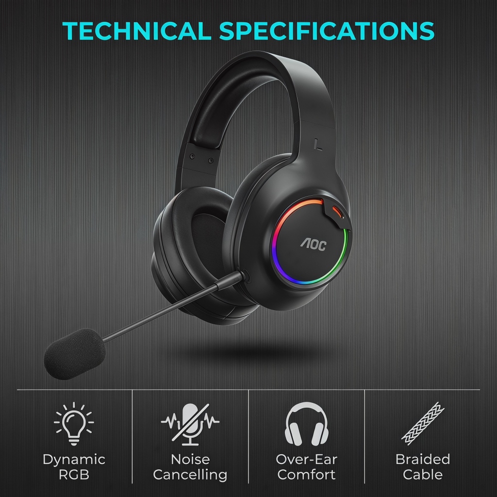 AOC RGB Fones De Ouvido Com Cancelamento De Ruído Microfone Proteína Couro Earcup Faixa De Cabeça De Metal Reforçada Tát