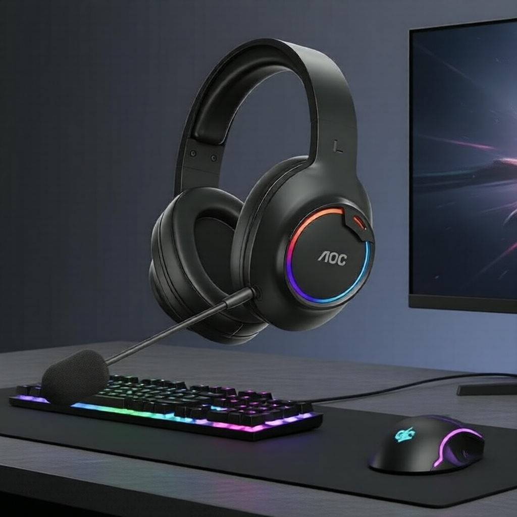 AOC Fone de Ouvido Gamer RGB com Cancelamento de Ruído, Microfone, Almofadas de Couro Sintético, Arco de Metal