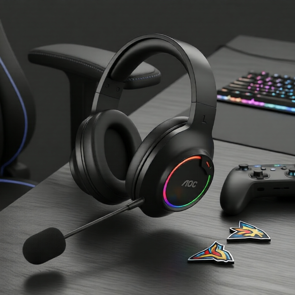 AOC Fone de Ouvido Gamer RGB com Microfone, Cancelamento de Ruído, Almofadas de Orelha em Couro Proteico, Arco de Metal