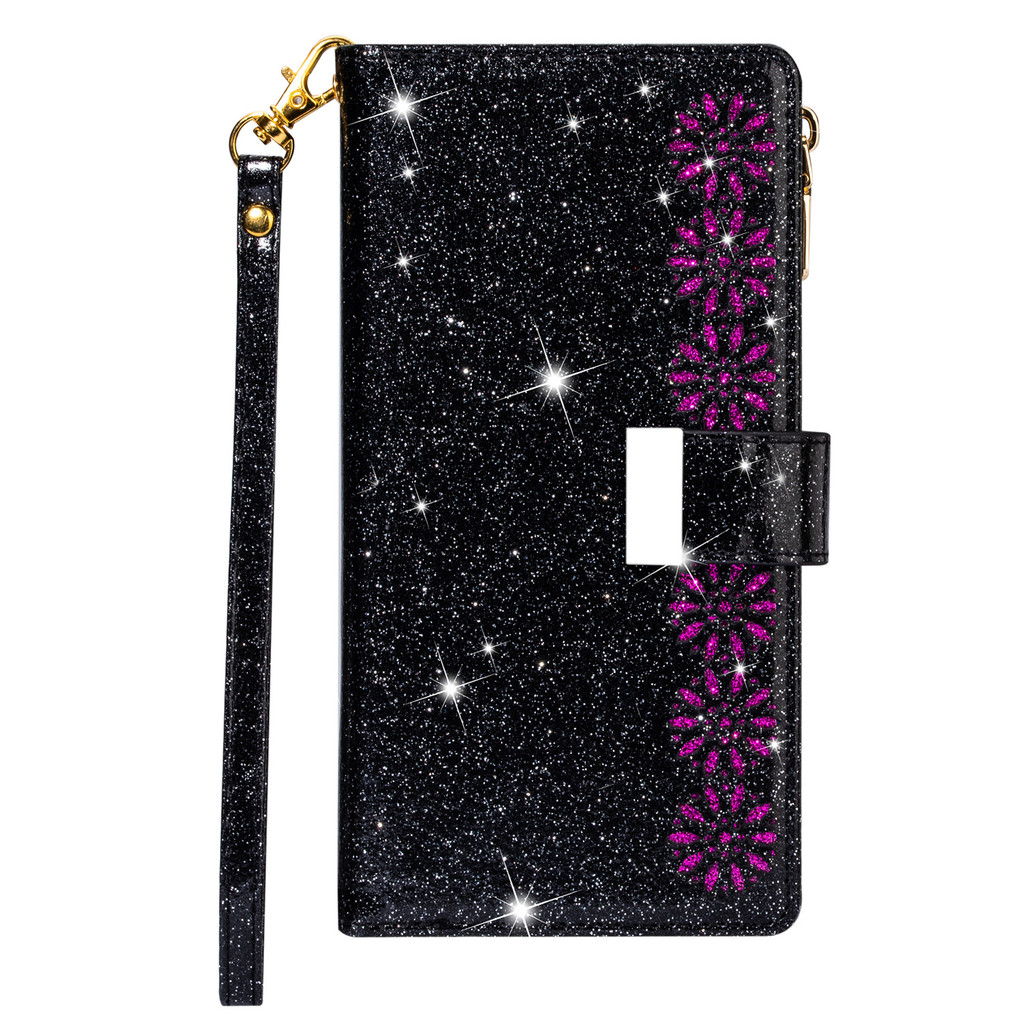 Capa De Telefone Carteira De Couro PU Floral Com Glitter E Alça De Pulso Para Xiaomi 14T Redmi 14C 14R Note 13 12