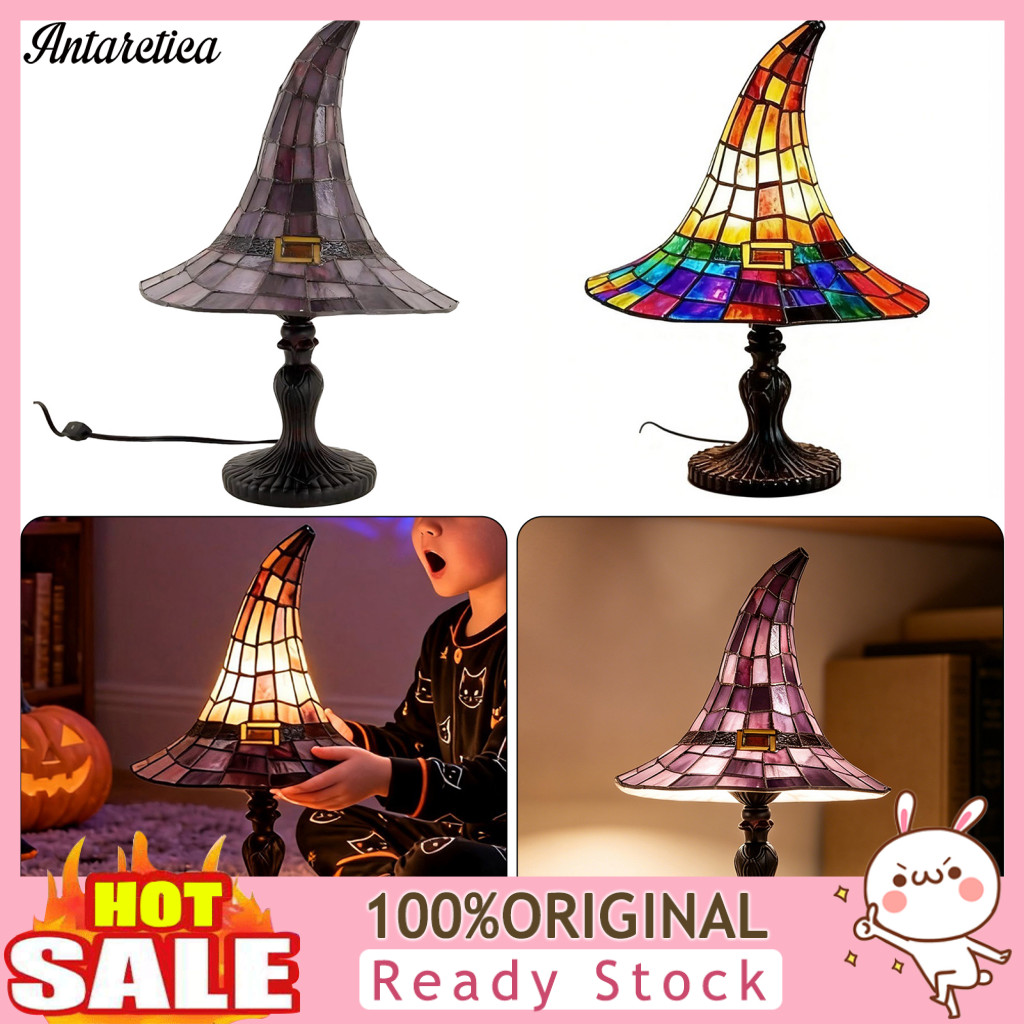Warm Ambient Usb Powered Lamp Stained Glass Witch Hat Resin Night Light Halloween Table for Bedroom Bookshelf Mantel Par