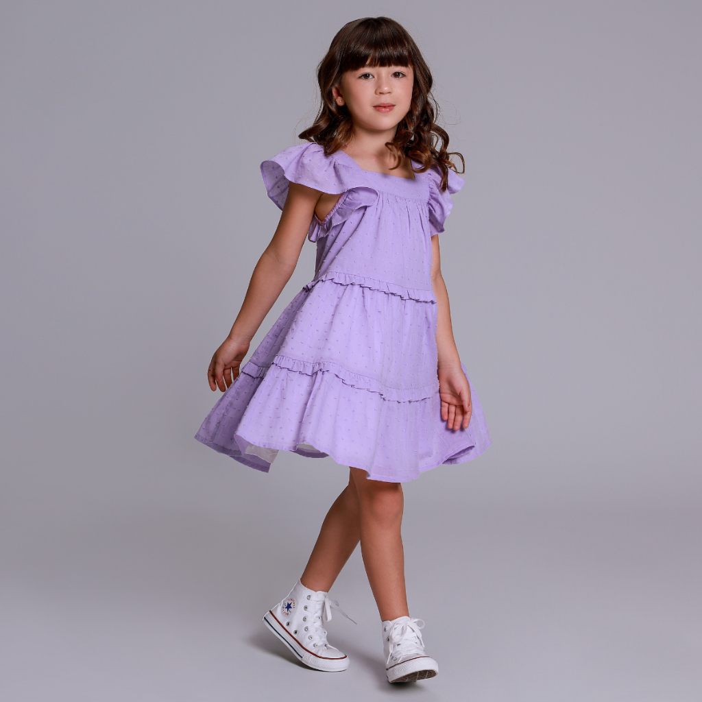 Roupa Infantil Menina Linho Verão Moda Vestido Lilás Criança  Confortável Estilo Casual Passeio