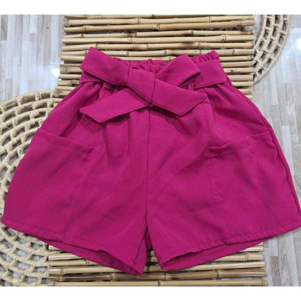 Short Clochard Infantil Menina Linho Alfaiataria Com Laço E Bolso Blogueirinha