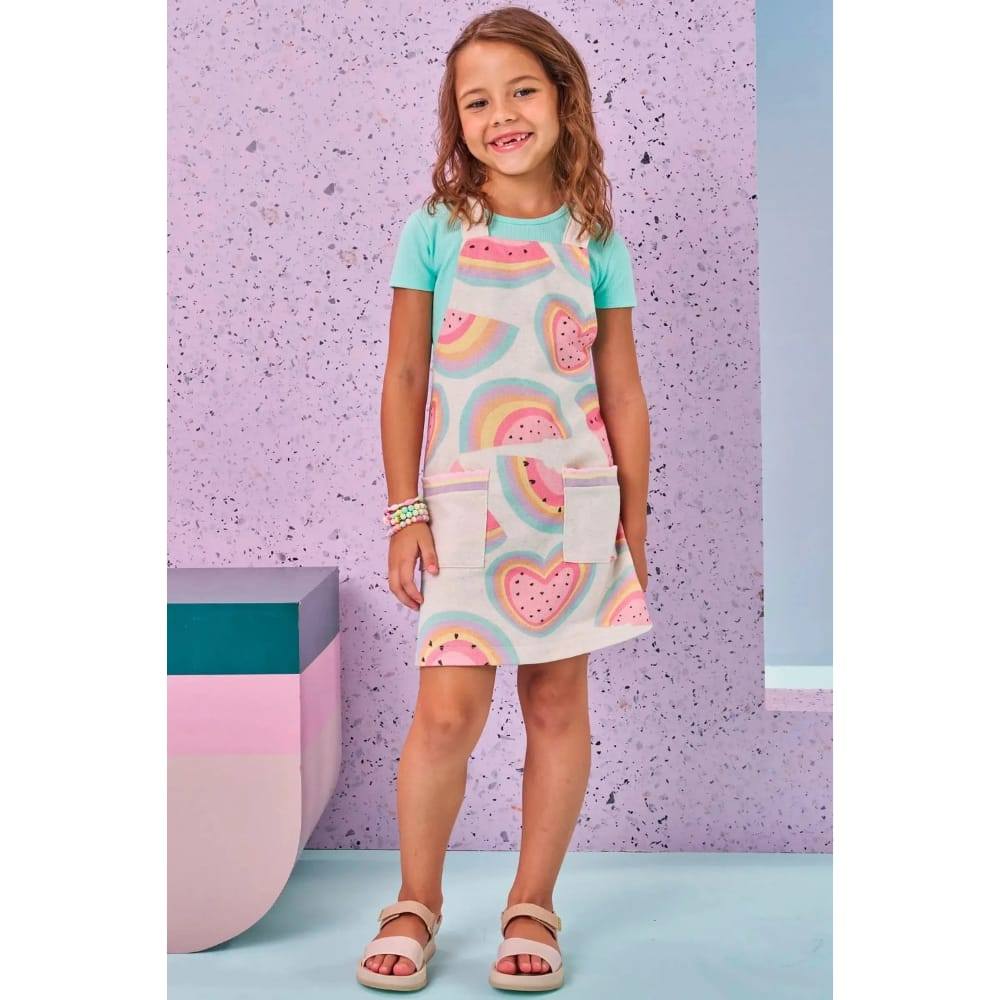 Conjunto Salopete Moletom Linho + Blusa Canelada Menina Kukiê