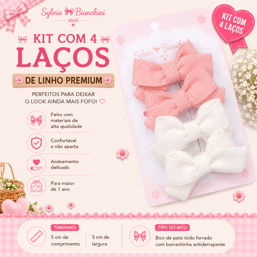 Kit 4 Laços Infantil Linho 5cm Bico de Pato Antiderrapante Bebê Menina