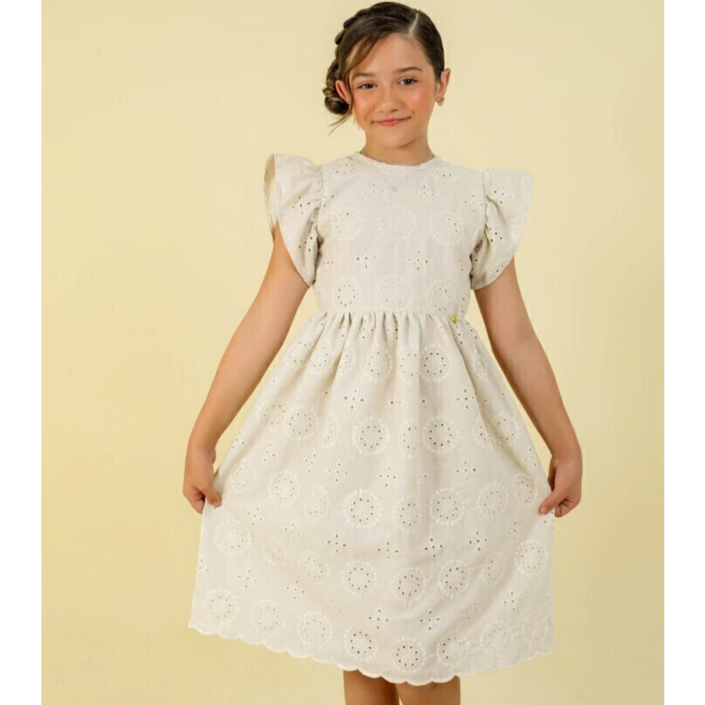 Vestido Infantil Menina Modinha Creme Linho Bordado Ano Novo Festas Princesa
