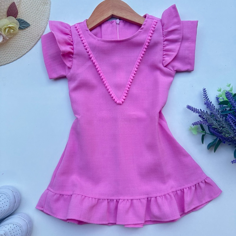 Vestido Infantil Menina Linho Pompom Festas Modinha Menina Mini Diva