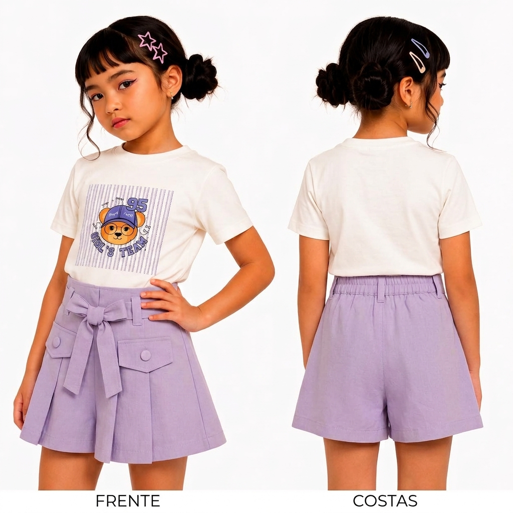 Conjunto Infantil Menina 100% Algodão T-Shirt infantil e Short Saia de Linho 2 a 10 Anos