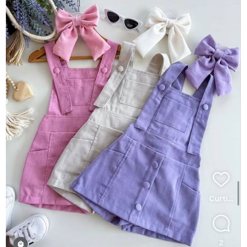 ROUPA INFANTIL MENINA JARDINEIRA BOTAO  LINHO COM BOLSOS