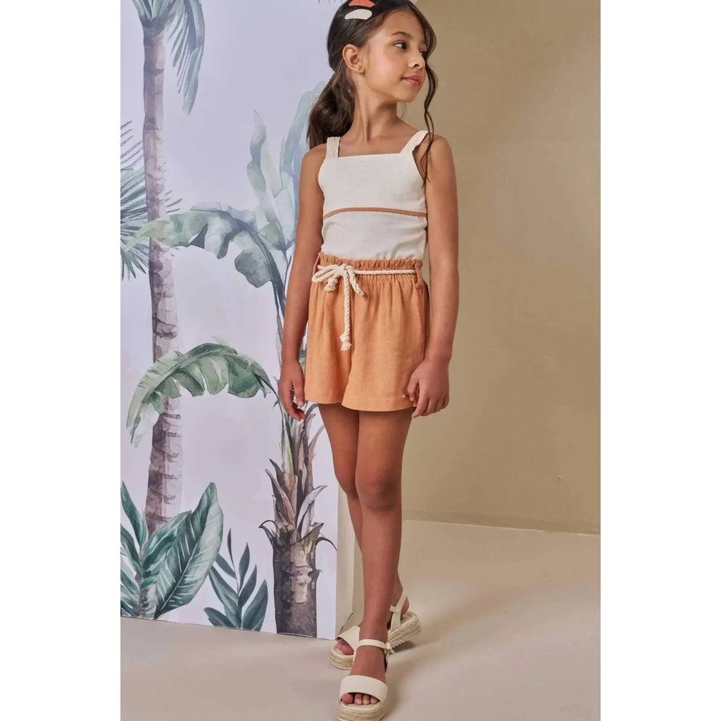 Conjunto Menina Blusa Boxy Linho e Short com Cordão Infanti