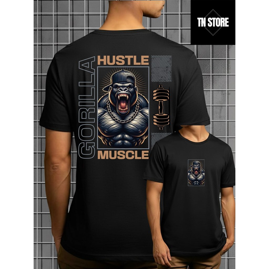Camiseta Hustle Muscle Gorilla Fitness Camisa Blusa Unissex Masculino Feminino 100% Algodão Preto Branco Plus Size
