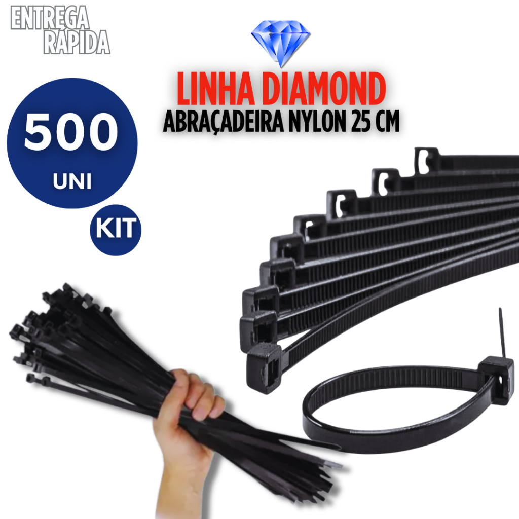 KIT 500 ABRAÇADEIRA DE NYLON 25 CM TAMANHO 4,8 MM X 250 MM SUPER RESISTENTE