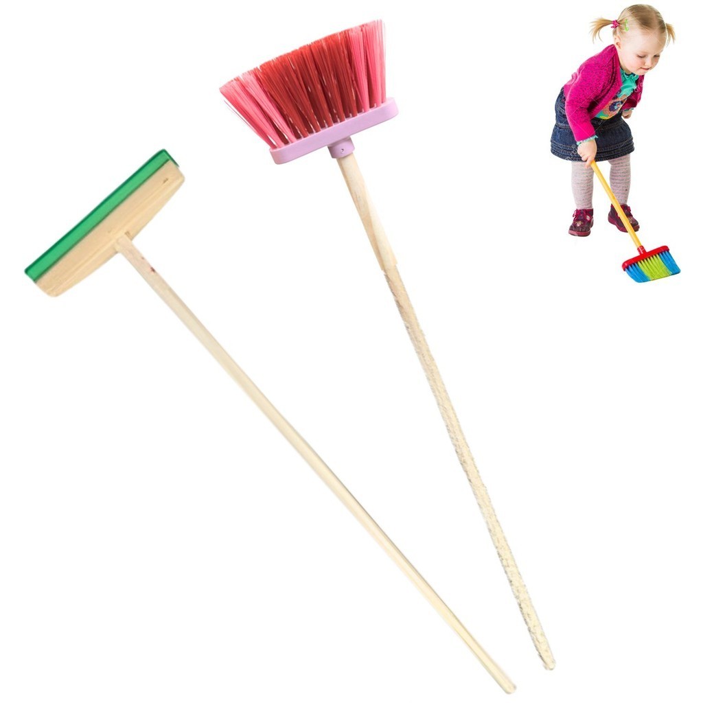 Kit vassoura e rodo brinquedo infantil de nylon e madeira
