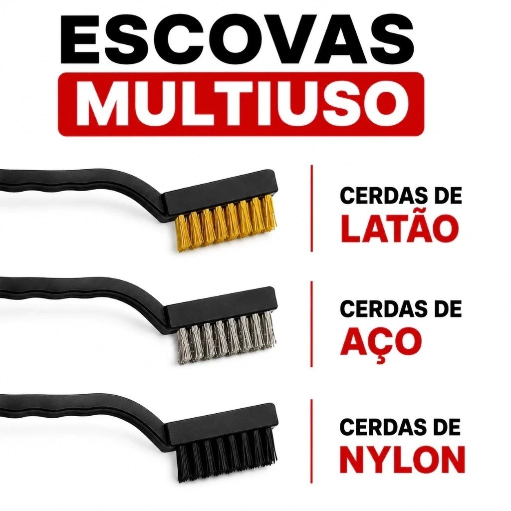 Kit 3 Escovas para Limpeza 17x3cm Aço Latão Nylon Multiuso com Cabo Plástico