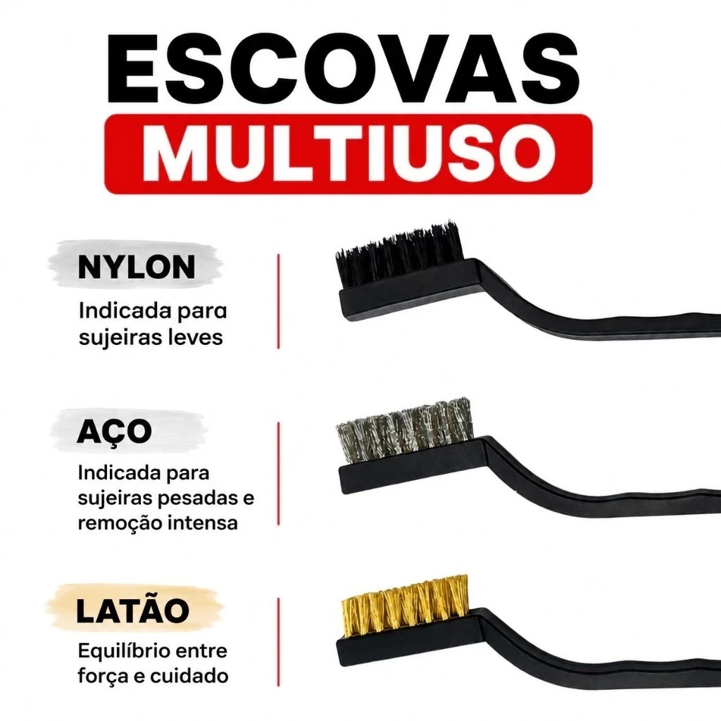 Kit 3 Escovas Multiuso 17x3cm Cerdas Aço Latão Nylon Cabo Plástico para Limpeza