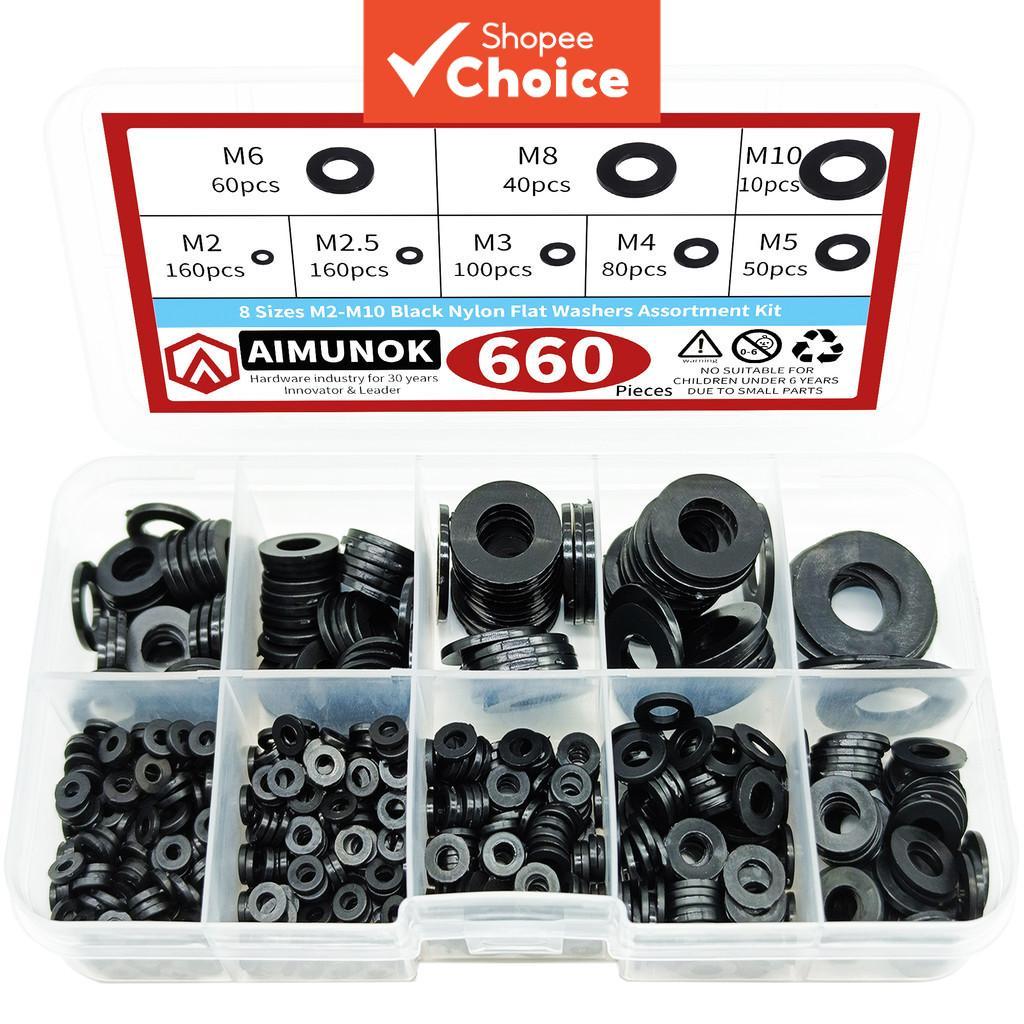 Kit De Sortimento De Arruelas Planas De Nylon Preto 660pcs Para Conexões Elétricas M2-M10 Uso Doméstico E Comercial