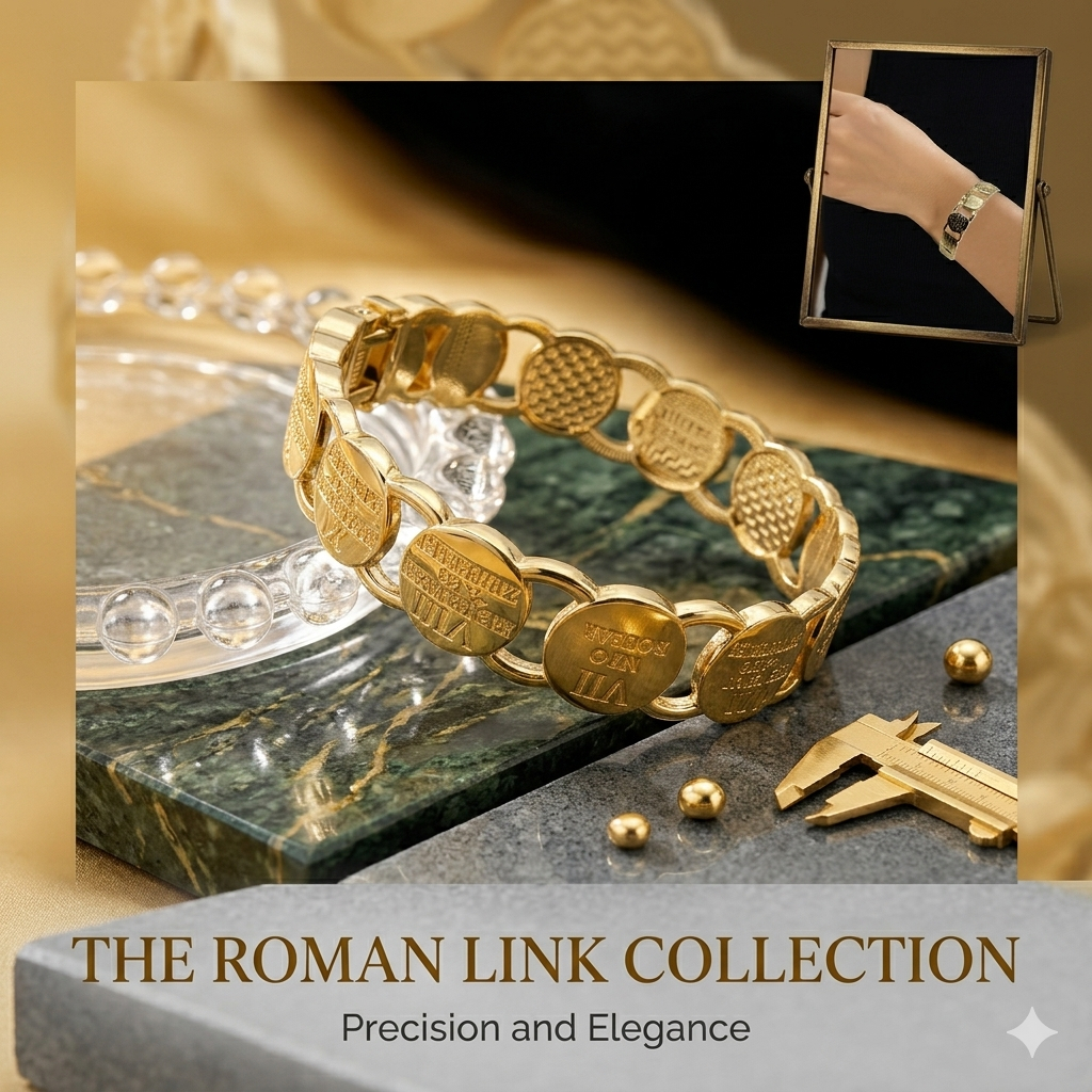 Pulseira feminina de aço inoxidável banhada a ouro com dez comandos e algarismos romanos