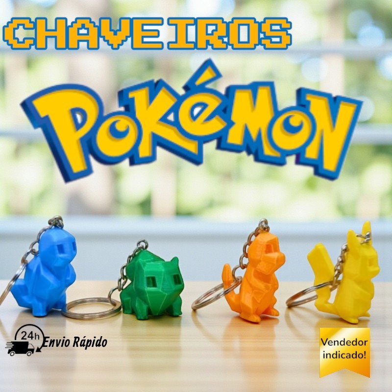Chaveiros Pokémon Low Poly – Pikachu, Charmander, Squirtle e Bulbasaur