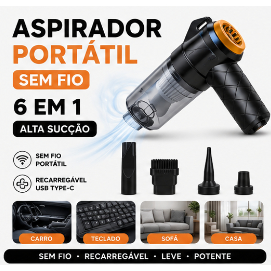Aspirador de Pó Portátil Sem Fio Recarregável Alta Sucção Para Carro Casa Teclado 6 Bicos
