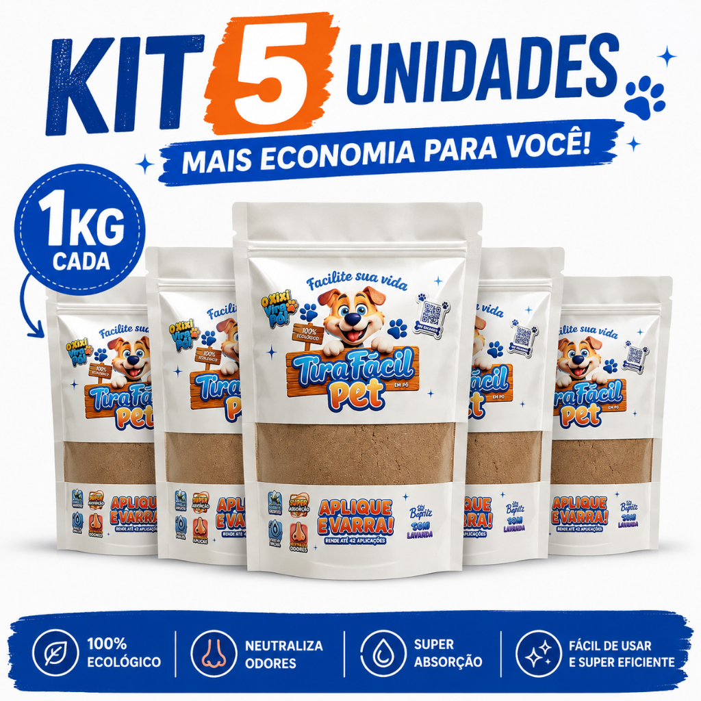 Kit 5un. Pó Higiênico 1KG Tira Fácil Pet - Cães e Gatos - Absorve Cocô, Xixi, Vômito em Seg - Aroma
