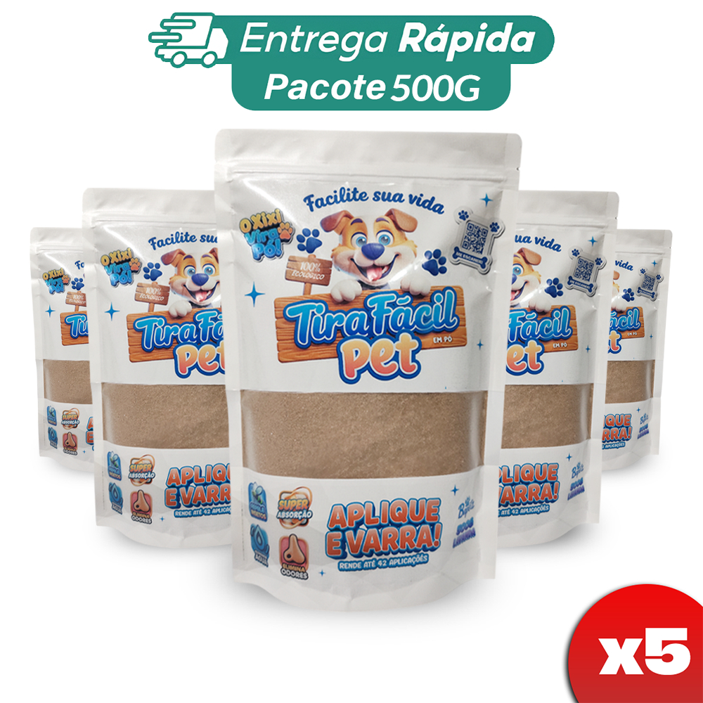 Kit 5un. Pó Higiênico 500G Tira Fácil Pet - Cães e Gatos - Absorve Cocô, Xixi, Vômito em Seg - Aroma