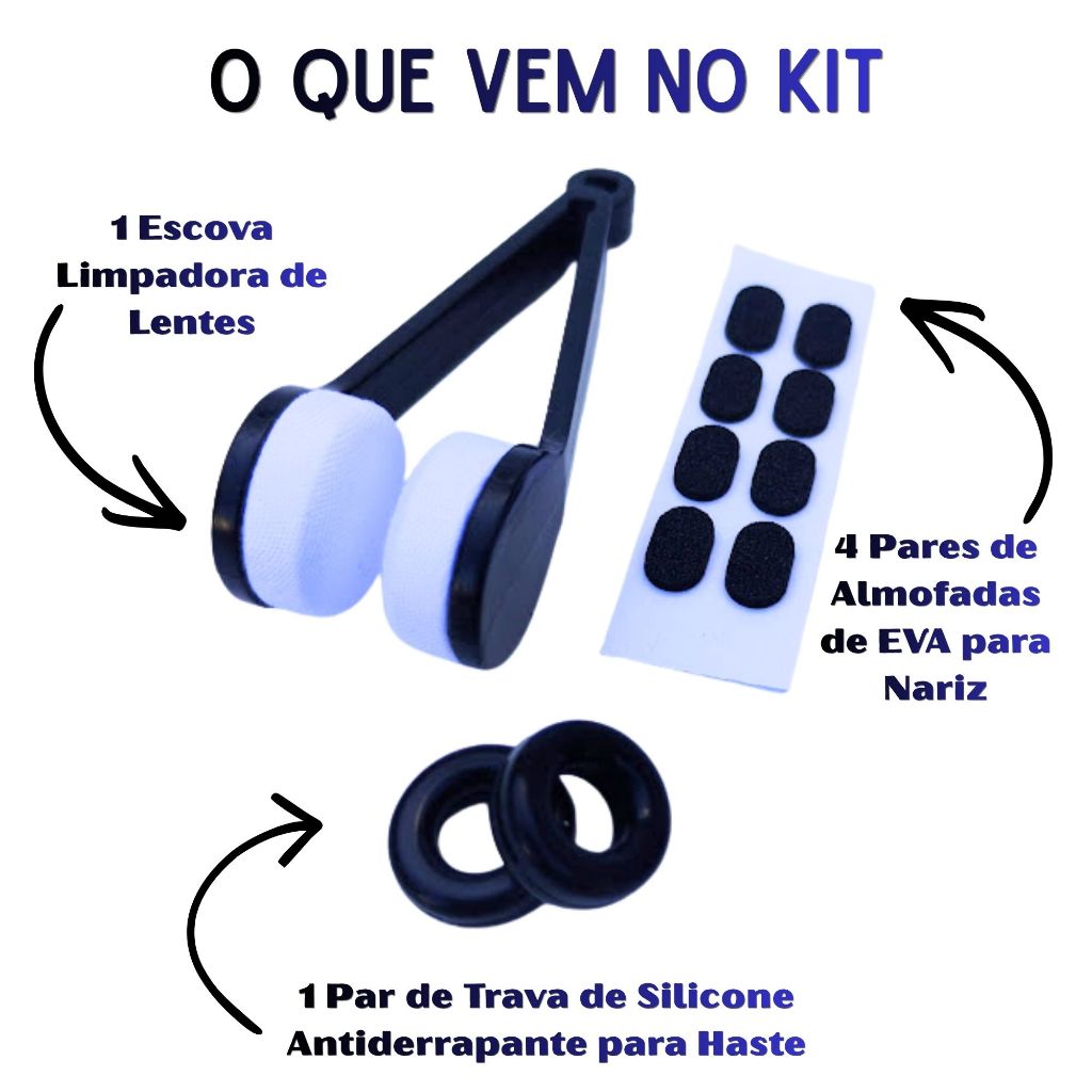 Kit Óculos Trava Antiderrapante Silicone + Almofada para Nariz + Limpador Microfibra para Lentes