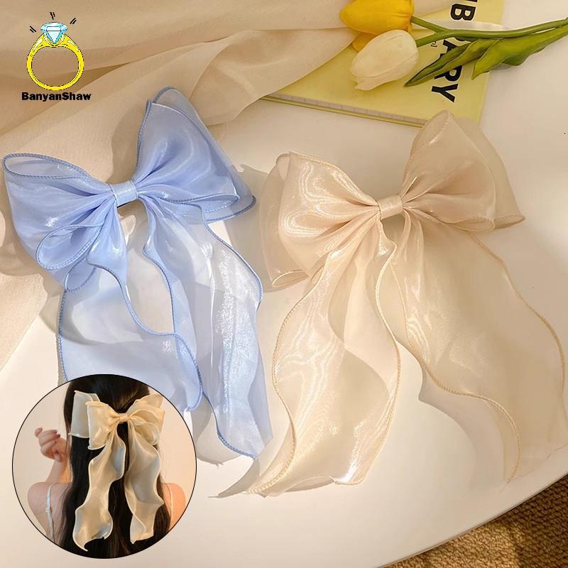 [BANY] Grampos De Cabelo Com Laço De Chiffon Doce Para Meninas Azul Brilhante Cetim Fita Presilha Prendedor De Rabo De C